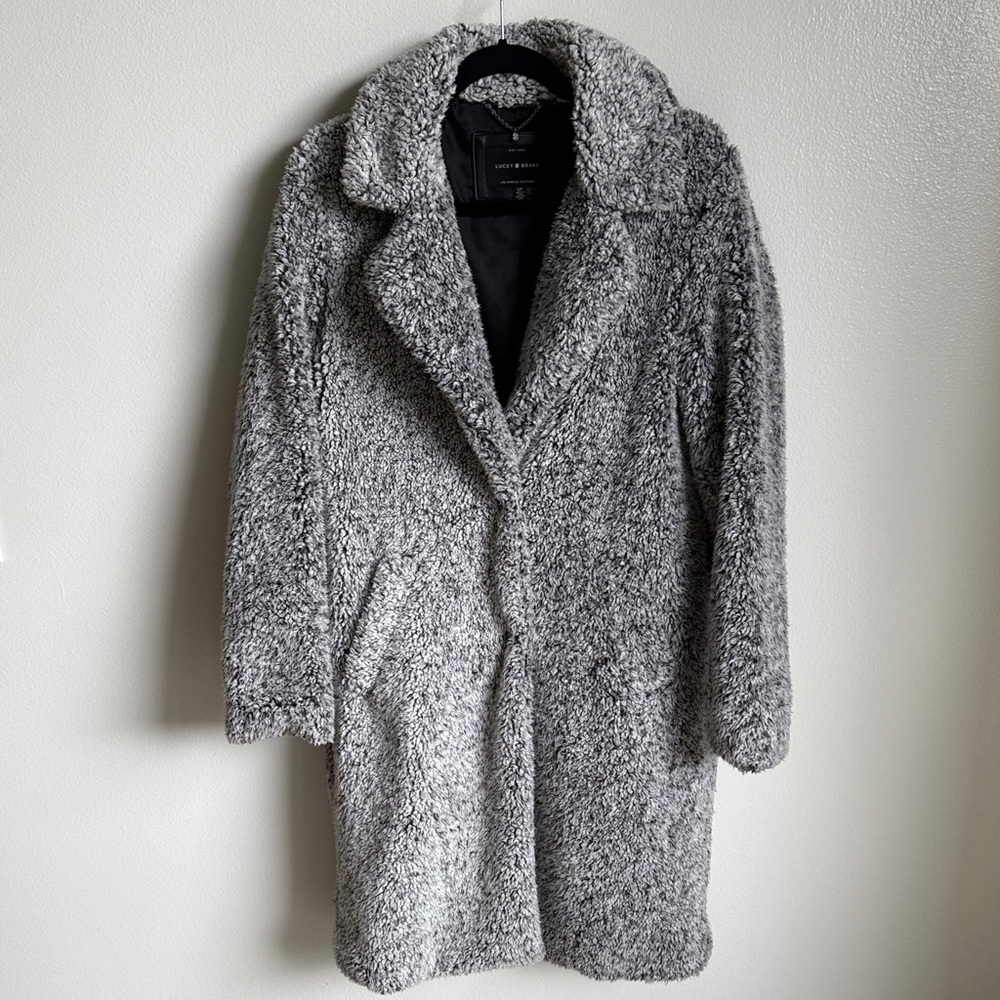 Lucky Brand Black White Gray Faux Fur Sherpa Teddy Long Jacket Coat Small